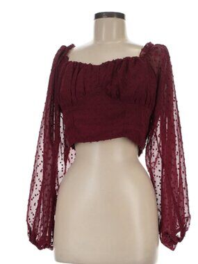 Burgundy Swiss Dot Off-Shoulder Crop Top – Romantic Sheer Sleeves